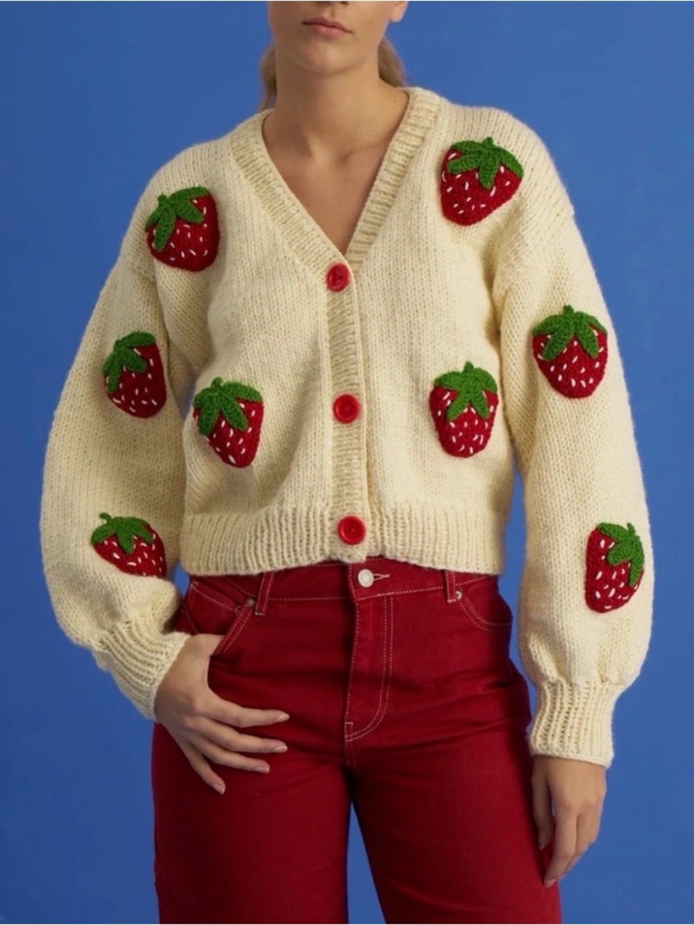 Handmade Strawberry Knit Cardigan Society Mano Slow Fashion Size M